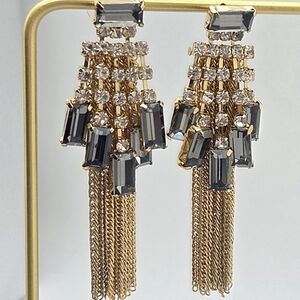 Vintage Chandelier Fringe Earrings | Smoky Grey Baguette Crystal Statement
